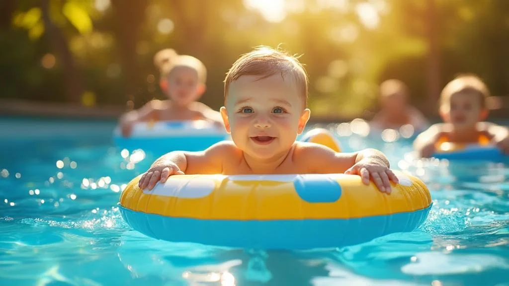 Bébé dans une bouée colorée, entouré d'enfants, jouant en toute sécurité dans une piscine ensoleillée