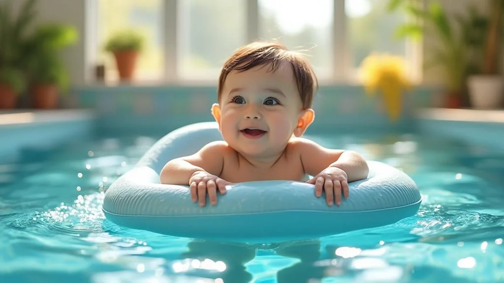 Baby in a non-inflatable anti-slip buoy floating safely in a pool for secure aquatic activity
