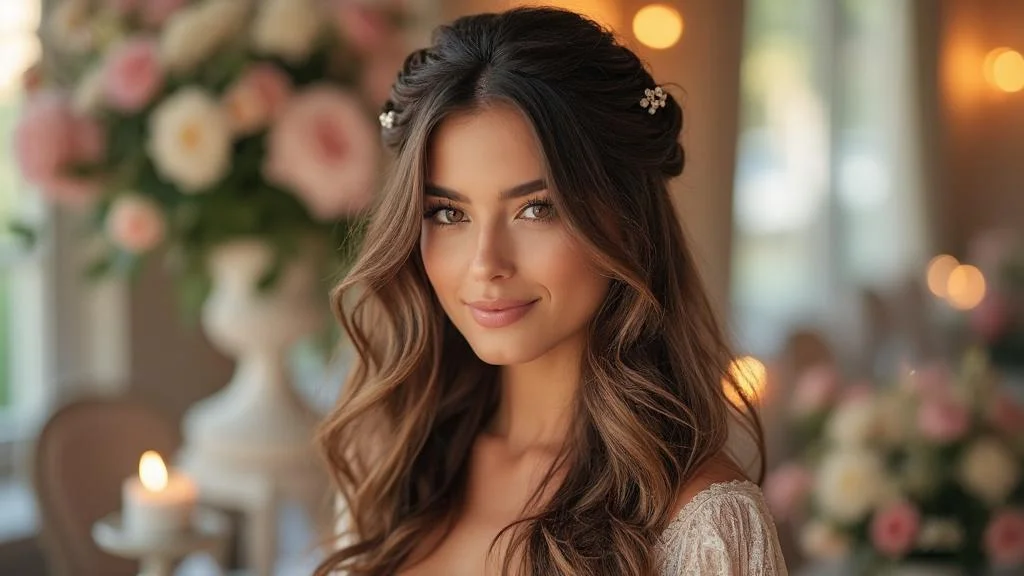 Coiffure cheveux ondulés élégante demi-chignon avec tresse et accessoires pour mariage ou soirée