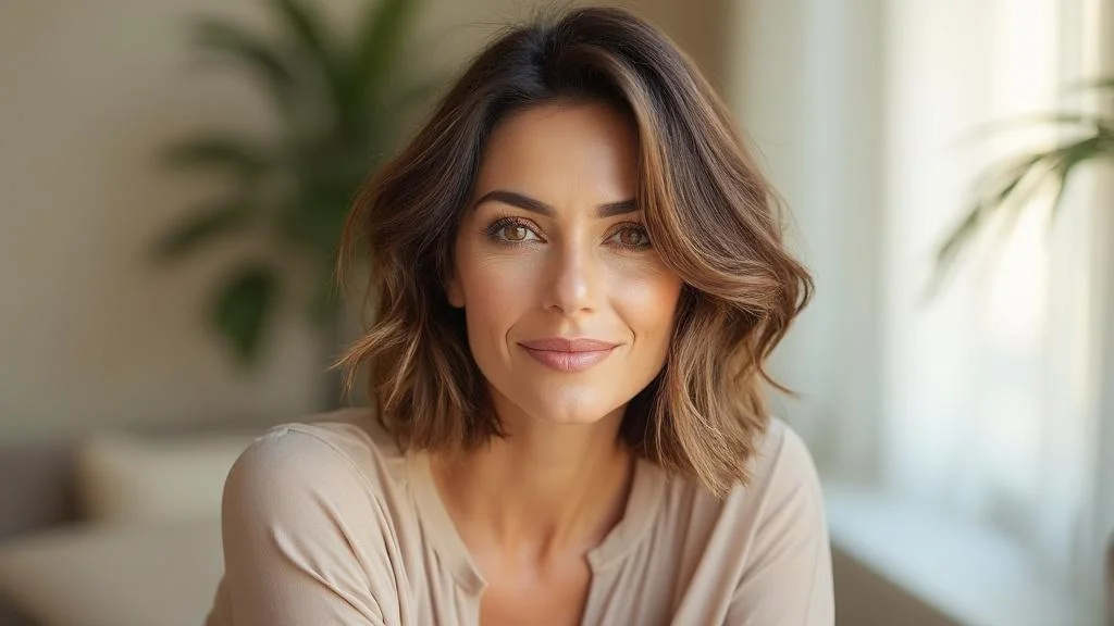 Femme 50 ans avec coupe carré dégradé volumineux, look moderne et rajeunissant, style naturel et élégant