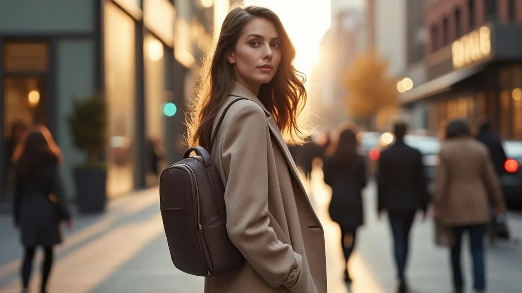 Femme chic avec sac à dos élégant en cuir, parfait pour l'élégance et la fonctionnalité quotidienne