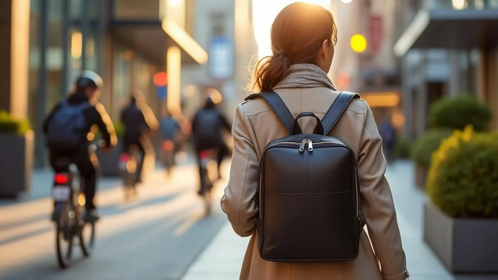 Femme urbaine élégante avec sac à dos chic femme en cuir, alliant style et fonctionnalité au quotidien