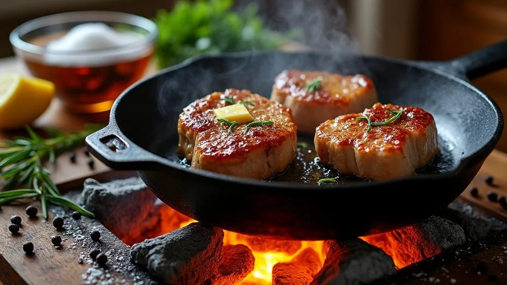 Joues de porc saisies à la poêle avec beurre et marinade, cuisson rapide savoureuse et moelleuse