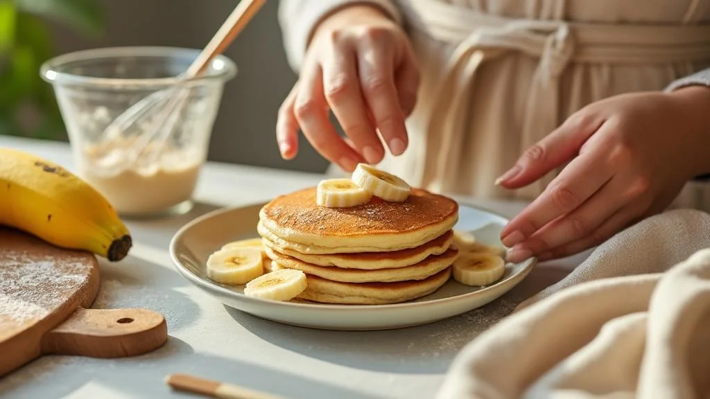 Pancakes bébé à la banane moelleux sur assiette colorée dans une cuisine lumineuse et saine