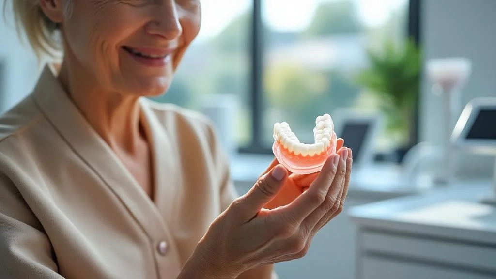 Patient en phase d’adaptation avec un dentier sans palais ni implant dans un cabinet dentaire moderne