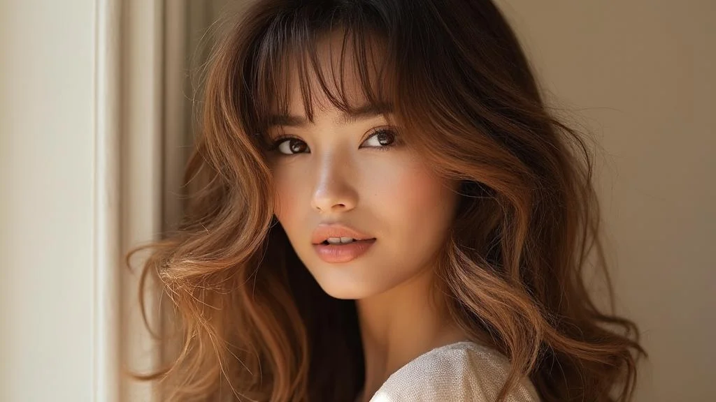 Portrait hyper-réaliste d'une coiffure cheveux ondulés avec frange effilée, sublimant les mouvements naturels