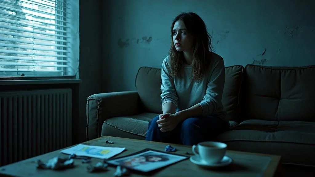 Portrait réaliste d'un adulte touché par un parent toxique, illustrant les séquelles psychologiques profondes