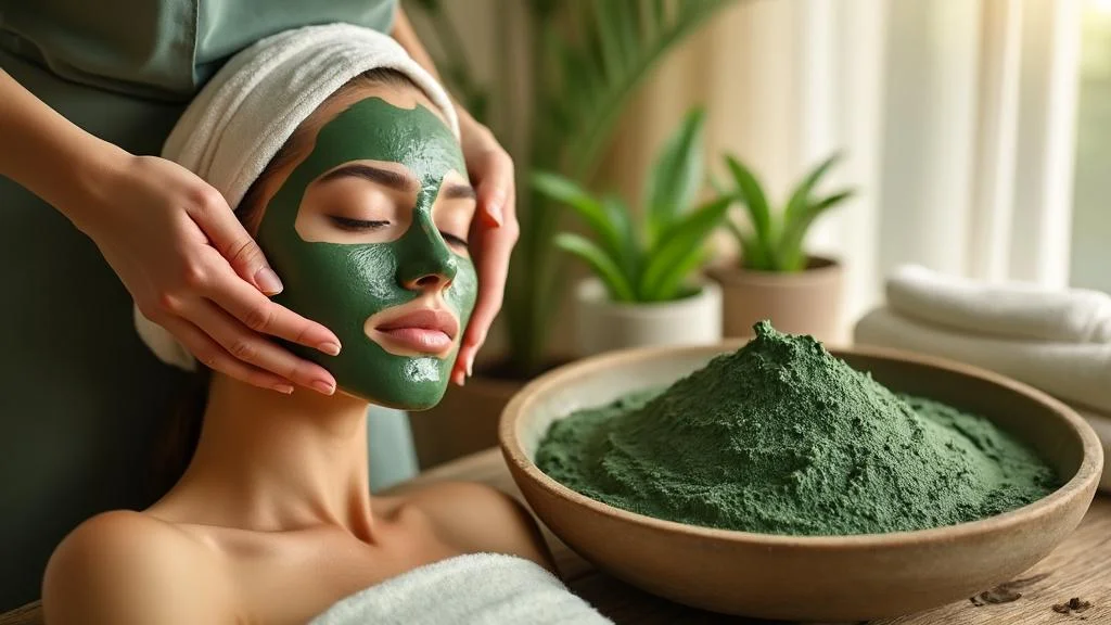 Pot de pâte d’argile verte anti inflammatoire appliquée sur la peau pour bienfaits naturels